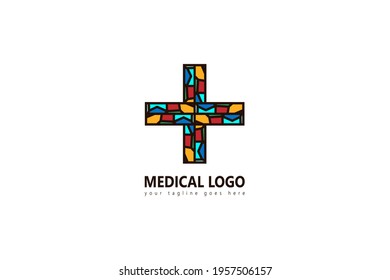 Medical Logo With Style Colorful stained glass window. Logo, emblem or icon with text. Thick line style flat style linear vector. Architecture or religious. Bright glass and color window. 