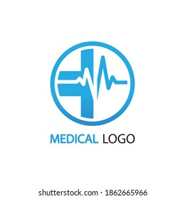 Medical logo, style symbol of the cross of health and heartbeat into one, blue design vector icon illustration on white background,	