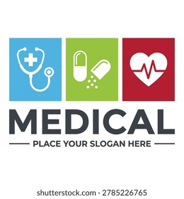 Medical logo template with stethoscope pill and heart icons icon
