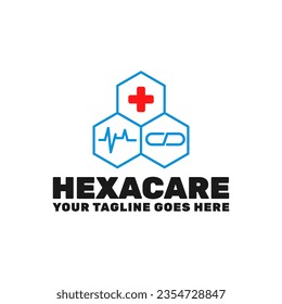 plantilla de logotipo médico , tres hexágonos con iconos médicos más y de cápsulas y línea cardíaca