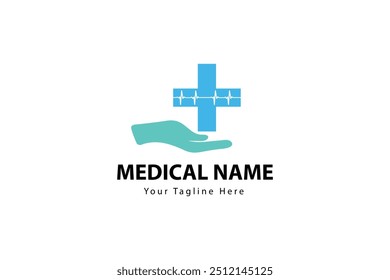 Medical logo vector featuring a blue cross with an EKG line, accompanied by an outstretched hand beneath. Suitable for healthcare, medical services, and related businesses.