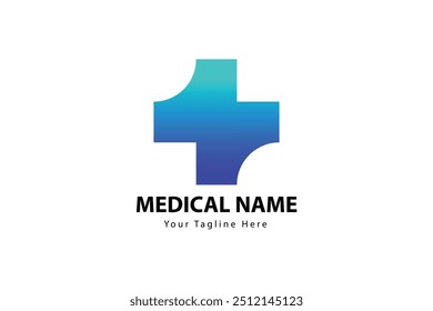 Vetor de logotipo médico com um símbolo de cruz azul gradiente, mostrando um design moderno e minimalista. Ideal para serviços de saúde, hospitais, clínicas e fins de marca médica.