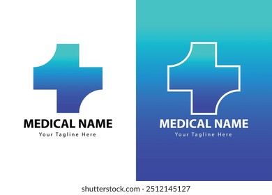 Vector de logotipo médico con diseño cruzado azul degradado, presentado en dos variaciones: sólido y perfilado. Perfecto para atención médica, clínicas y marca médica.