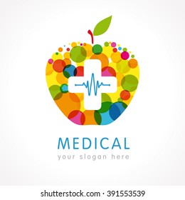 Medical logotype concept. Colour plus cross with apple shape. Isolated abstract graphic design template. Pharmaceutical sign, cardio scheme, bubble. Creative health care symbol. Branding identity idea