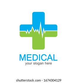 Medical logotype. Pharmacy colored plus cross in a soft shape. Tests, pharmaceutical sign with cardio scheme. Help and health care symbol. Branding identity with cross shape elements.