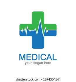 Medical logotype. Pharmacy colored plus cross in a soft shape. Tests, pharmaceutical sign with cardio scheme. Help and health care symbol. Branding identity with cross shape elements.