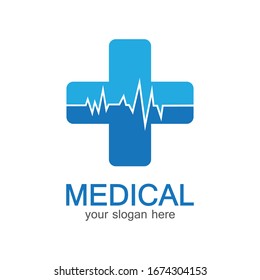 Medical logotype. Pharmacy colored plus cross in a soft shape. Tests, pharmaceutical sign with cardio scheme. Help and health care symbol. Branding identity with cross shape elements.