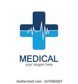 Medical logotype. Pharmacy colored plus cross in a soft shape. Tests, pharmaceutical sign with cardio scheme. Help and health care symbol. Branding identity with cross shape elements.