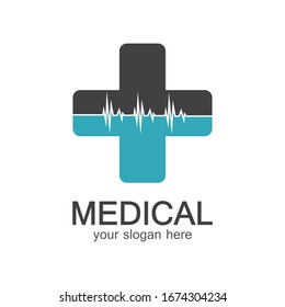 Medizinischer Logotyp. Pharmacy-Farbe plus Kreuz in sanfter Form. Tests, pharmazeutisches Zeichen mit Kardio-Schema. Symbol für Hilfe und Gesundheitsfürsorge. Branding-Identität mit Kreuzform-Elementen.