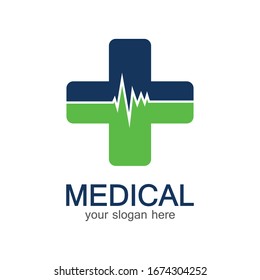 Medical logotype. Pharmacy colored plus cross in a soft shape. Tests, pharmaceutical sign with cardio scheme. Help and health care symbol. Branding identity with cross shape elements.