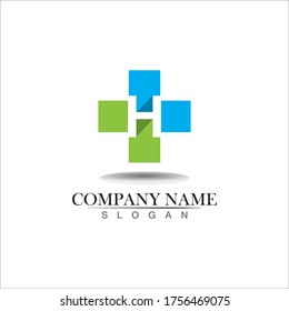 Medizinischer Logotyp. Pharmacy-Farbe plus Kreuz in sanfter Form. Tests, pharmazeutisches Zeichen mit Kardio-Schema. Symbol für Hilfe und Gesundheitsfürsorge. Branding-Identität mit Kreuzform-Elementen.