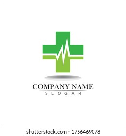 Medical logotype. Pharmacy colored plus cross in a soft shape. Tests, pharmaceutical sign with cardio scheme. Help and health care symbol. Branding identity with cross shape elements.