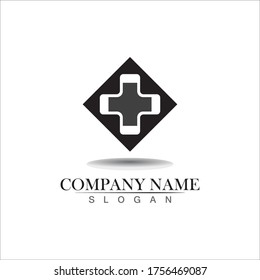 Medical logotype. Pharmacy colored plus cross in a soft shape. Tests, pharmaceutical sign with cardio scheme. Help and health care symbol. Branding identity with cross shape elements.
