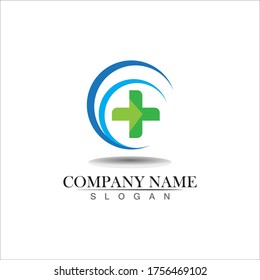 Medizinischer Logotyp. Pharmacy-Farbe plus Kreuz in sanfter Form. Tests, pharmazeutisches Zeichen mit Kardio-Schema. Symbol für Hilfe und Gesundheitsfürsorge. Branding-Identität mit Kreuzform-Elementen.