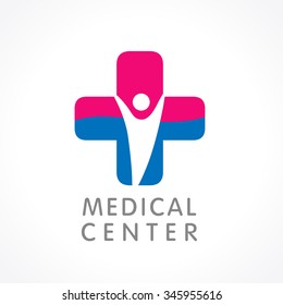 Medical logotype. Pharmacy colored plus cross in a soft shape. Tests, chemical, pharmaceutical centre scheme. Help and health care shape elements. Isolated branding identity concept of healthy life.