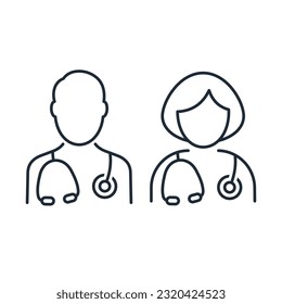 Medical maintenance staff. Doctor man and woman. Vector linear icon isolated on white background.
