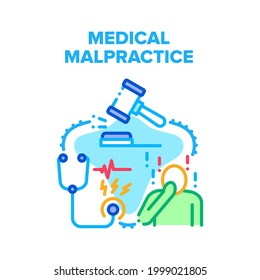 Medical Malpractice Error Vector Icon Concept. Medical Malpractice Error Doctor, Nurse And Hospital. Judge Gavel And Clinic Worker Stethoscope Tool, Medicine Jurisprudence Color Illustration