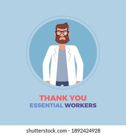 Medical Man Blue Thanks Essential Workers Logo - Vector