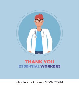 Medical Man Blue Thanks Essential Workers Logo - Vector