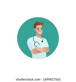 Medical man doctor character with smile. Cute cartoon vector illustration.