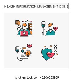 Medical Management Color Icons Set. Health Information Manager, Patient, Electronic Health Record. Healthcare And Health Information Management Concept. Isolated Vector Illustration