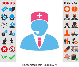 Medical Manager vector icon with bonus. Style is bicolor flat symbol, pink and blue colors, rounded angles, white background.