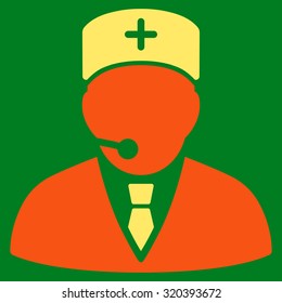 Medical Manager vector icon. Style is bicolor flat symbol, orange and yellow colors, rounded angles, green background.