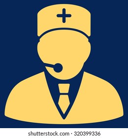 Medical Manager vector icon. Style is flat symbol, yellow color, rounded angles, blue background.