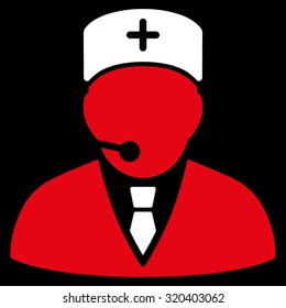 Medical Manager vector icon. Style is bicolor flat symbol, red and white colors, rounded angles, black background.
