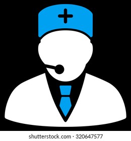 Medical Manager vector icon. Style is bicolor flat symbol, blue and white colors, rounded angles, black background.