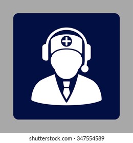 Medical Manager vector icon. Style is flat rounded square button, white and dark blue colors, silver background.