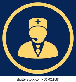 Medical Manager vector icon. Style is flat circled symbol, yellow color, rounded angles, blue background.