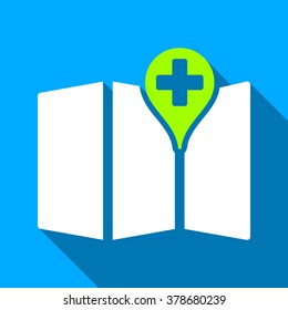 Medical Map long shadow vector icon. Style is a flat light symbol with rounded angles on a blue square background.