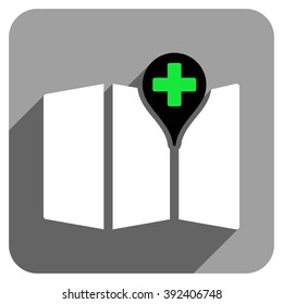 Medical Map long shadow vector icon. Style is a flat medical map iconic symbol on a gray square background.