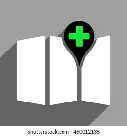 Medical Map long shadow vector icon. Style is a flat medical map black and white iconic symbol on a gray square background.