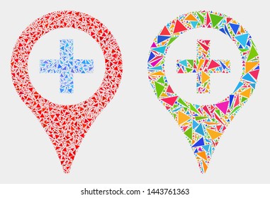 Medical map marker collage icon of triangle elements which have different sizes and shapes and colors. Geometric abstract vector illustration of medical map marker.
