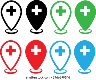icono del marcador de mapa médico sobre fondo blanco. signo de marcador de posición de ubicación del hospital. marcador de mapa con símbolo de cruz médica. estilo plano. 