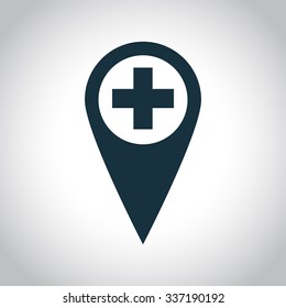 Medical map marker icon. Style is flat symbol on a  white background