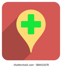 Medical Map Marker long shadow vector icon. Style is a flat symbol on a red rounded square button.