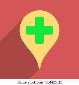 Medical Map Marker long shadow vector icon. Style is a flat light symbol on a red square background.