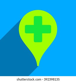 Medical Map Marker long shadow vector icon. Style is a flat medical map marker iconic symbol on a blue square background.