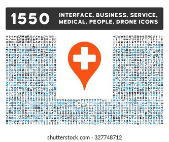 Medical Map Marker and other web interface, business tools, people poses, medical service vector icons. Style is flat symbols, bicolored, rounded angles, white background.