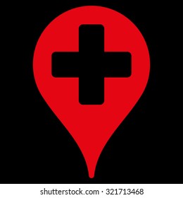 Medical Map Marker vector icon. Style is flat symbol, red color, rounded angles, black background.