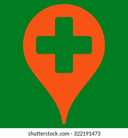 Medical Map Marker vector icon. Style is flat symbol, orange color, rounded angles, green background.