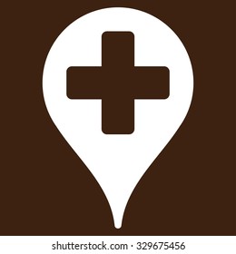 Medical Map Marker vector icon. Style is flat symbol, white color, rounded angles, brown background.