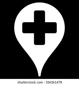 Medical Map Marker vector icon. Style is flat symbol, white color, rounded angles, black background.