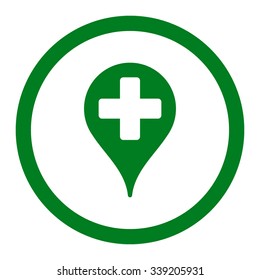 Medical Map Marker vector icon. Style is flat rounded symbol, green color, rounded angles, white background.