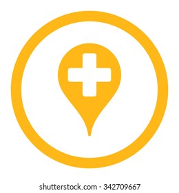 Medical Map Marker vector icon. Style is flat rounded symbol, yellow color, rounded angles, white background.