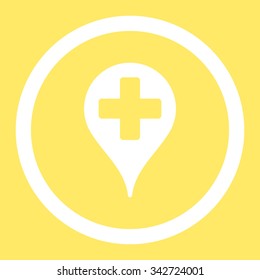Medical Map Marker vector icon. Style is flat rounded symbol, white color, rounded angles, yellow background.