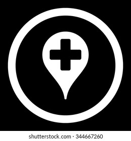 Medical Map Marker vector icon. Style is flat rounded symbol, white color, rounded angles, black background.